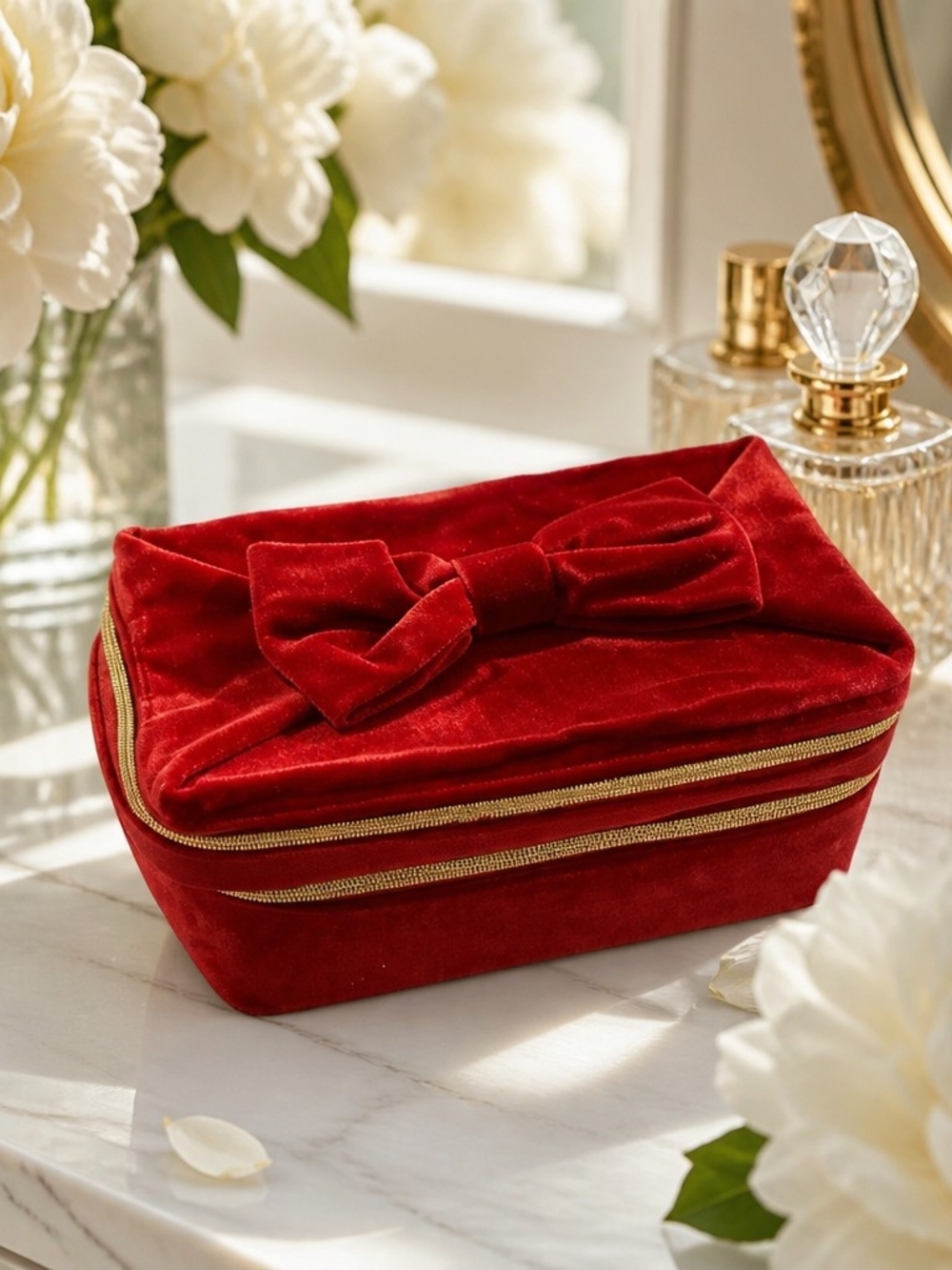 Estee Lauder Luxurious Red velvet velour bow Cosmetic makeup Case travel bag NEW